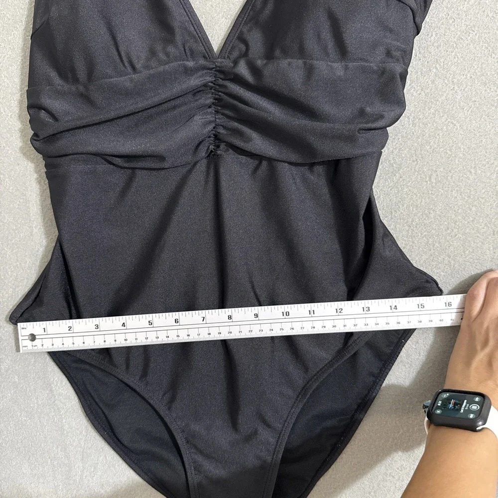 Women's Swimsuit One Piece Size 14 Black Deep V‎ Flattering Cut Your Best Look